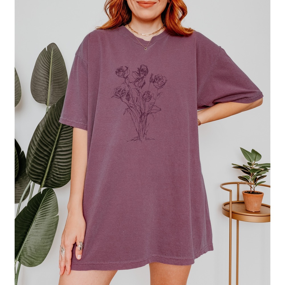 Botanical Minimalist Graphic Tee Red Flower Line Art Design